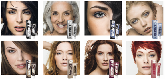 Collage of women with different hairstyles and hair colors, each accompanied by a bottle of recommended RefectoCil eyelash and eyebrow hair dye product.
