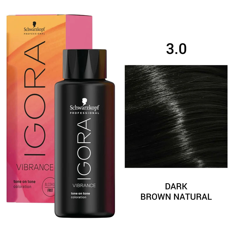 Schwarzkopf Professional Igora Vibrance tone on tone coloration bottle in shade 3.0 Dark Brown Natural, shown with its pink-to-orange gradient box and a hair swatch on a white background.
