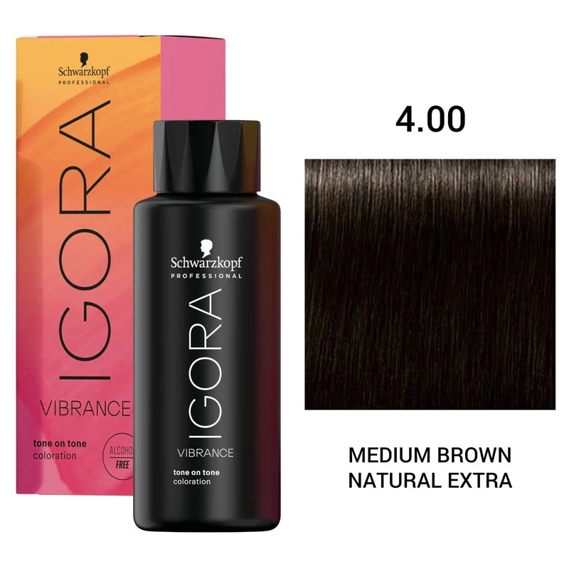 Schwarzkopf Professional Igora Vibration tone on tone color treatment bottle in shade 4.00 Medium Brown Natural Extra, shown with its pink and orange box and a hair color swatch.