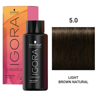 Schwarzkopf Professional Igora Vibrance tone-on-tone coloration bottle in shade 5.0 Light Brown Natural, shown with its pink and orange gradient box and a hair color swatch on a white background.