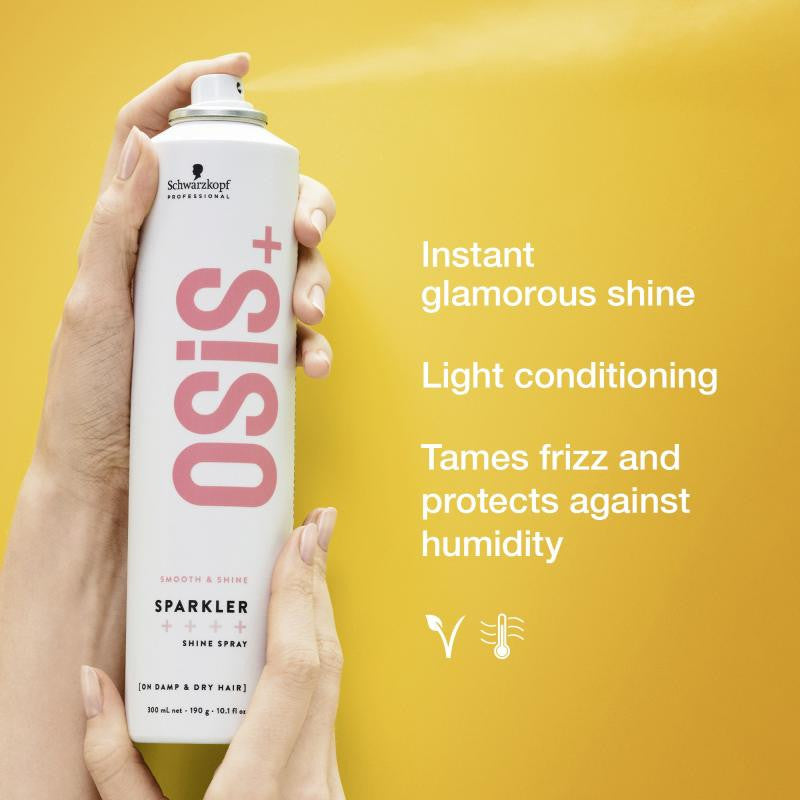 OSiS+ Shine Spray can held by a hand with product details on a yellow background
