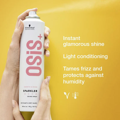 OSiS+ Shine Spray can held by a hand with product details on a yellow background