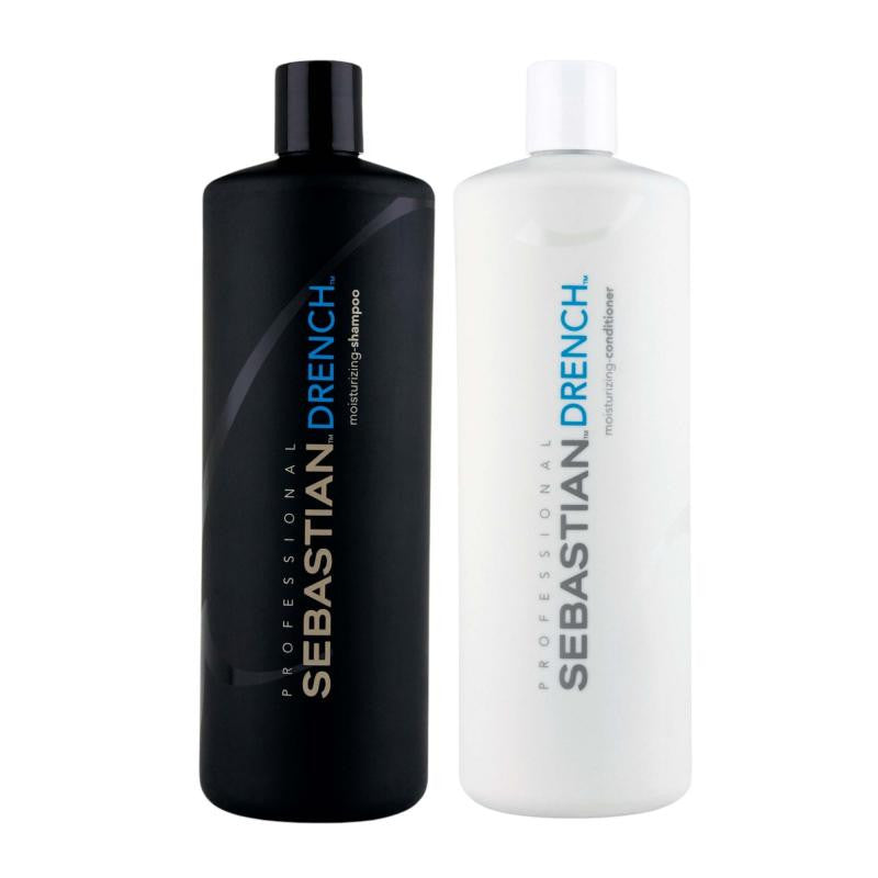 Black and white litre bottles of Sebastian Drench shampoo and conditioner