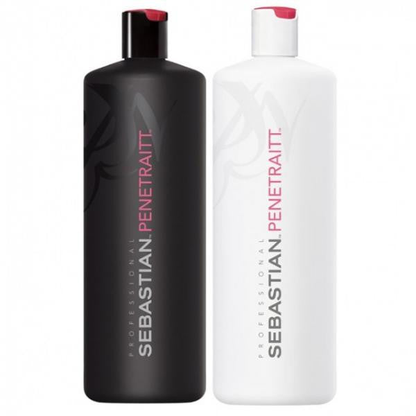 Black and white litre bottles of Sebastian Penetraitt shampoo and conditioner