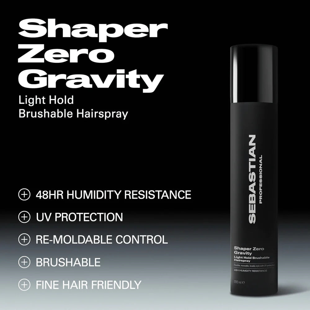 Sebastian Professional Shaper Zero Gravity hairspray bottle with product features on a black and gray background