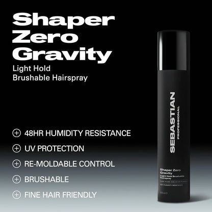 Sebastian Professional Shaper Zero Gravity hairspray bottle with product features on a black and gray background
