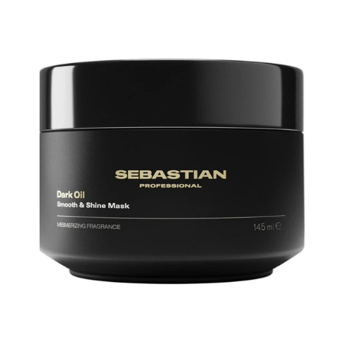 Black jar of Sebastian Professional Dark Oil Smooth & Shine Mask on a white background