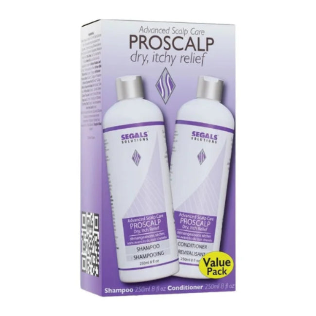 Regal's Proscalp Advanced Hair Care dry, itchy relief shampoo and conditioner value pack, shown in its purple and white retail box with two bottles visible.