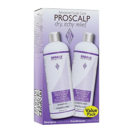 Regal's Proscalp Advanced Hair Care dry, itchy relief shampoo and conditioner value pack, shown in its purple and white retail box with two bottles visible.
