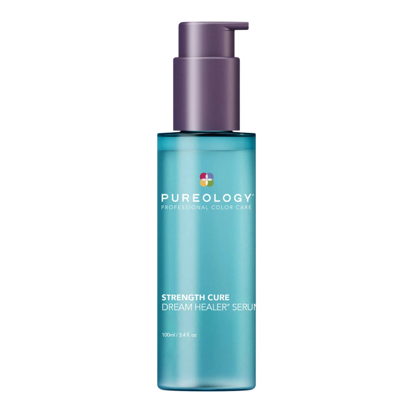 Blue serum bottle with purple pump labeled 'Pureology' on a white background