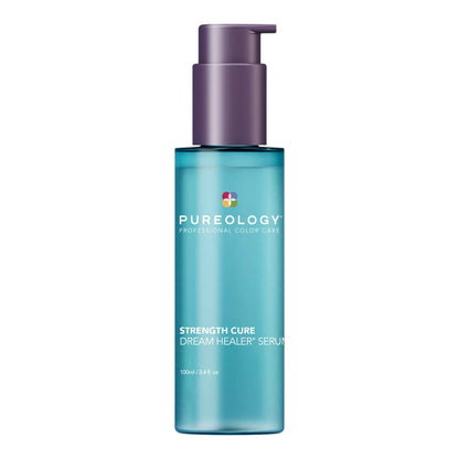 Blue serum bottle with purple pump labeled 'Pureology' on a white background