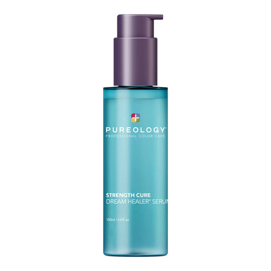 Blue serum bottle with purple pump labeled 'Pureology' on a white background