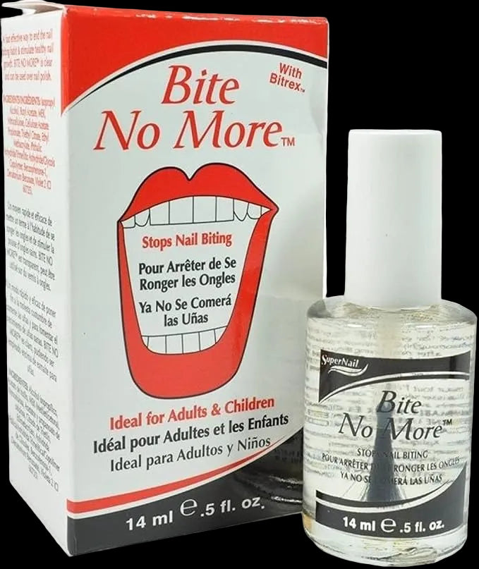 Bite No More nail biting prevention product shown with its retail box and a clear bottle containing a pale liquid, on a plain white background.