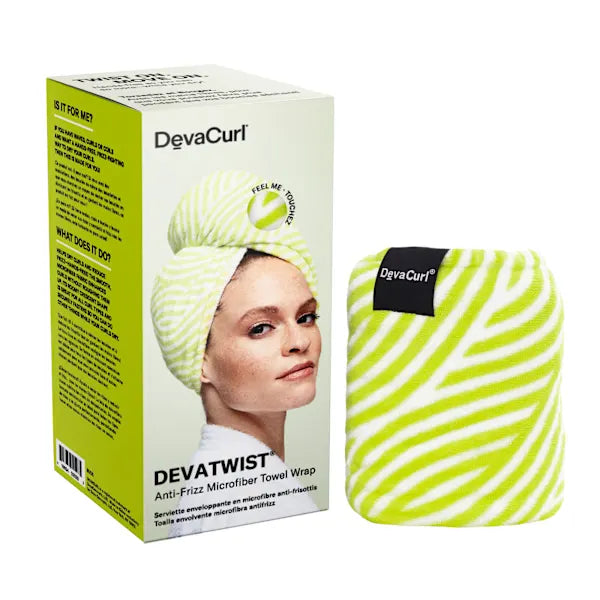 DevaCurl Devatwist Anti-Friz Microfiber Towel Wrap shown next to its retail box. The towel wrap features a lime green and white zebra-like pattern, with a black brand label on the side.