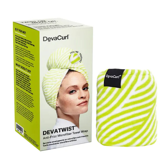 DevaCurl Devatwist Anti-Friz Microfiber Towel Wrap shown next to its retail box. The towel wrap features a lime green and white zebra-like pattern, with a black brand label on the side.