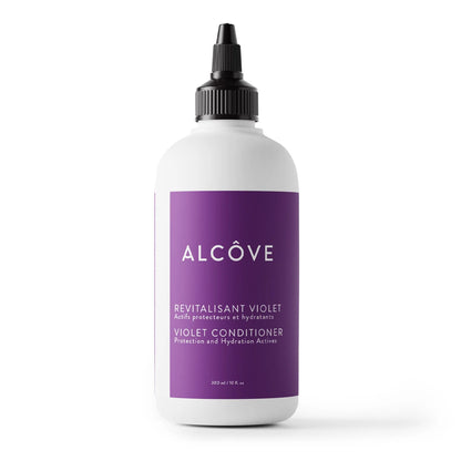 A white plastic bottle of Alcôve Violet Conditioner with a black dropper cap and a purple label, shown on a clean white background.