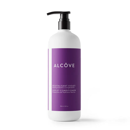 White bottle with purple label featuring the brand 'ALCØVE' on a white background