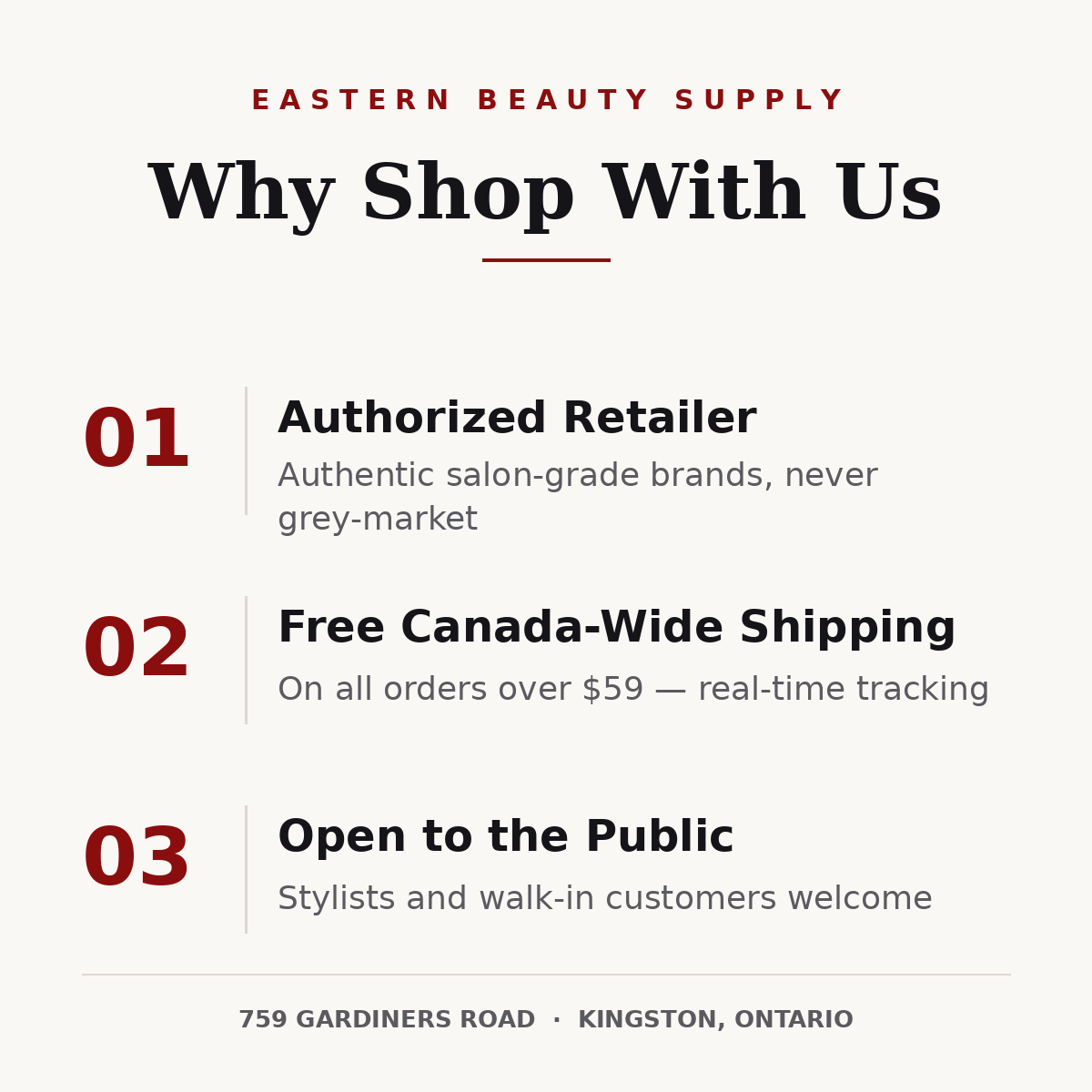 Eastern Beauty Supply promotional text highlighting reasons to shop with them.